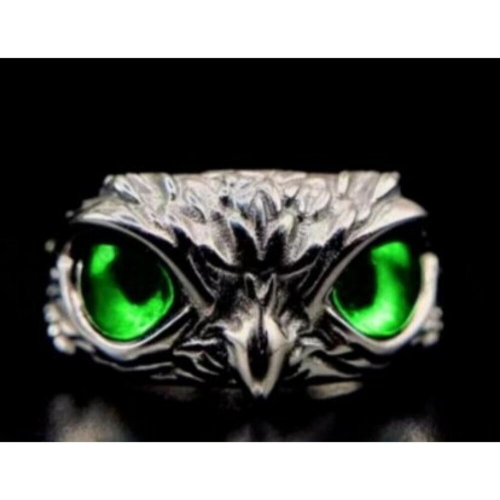 Silver Stainless Steel Green Eye Owl Statement Ring Nickel Free Halo Vintage Y2K
